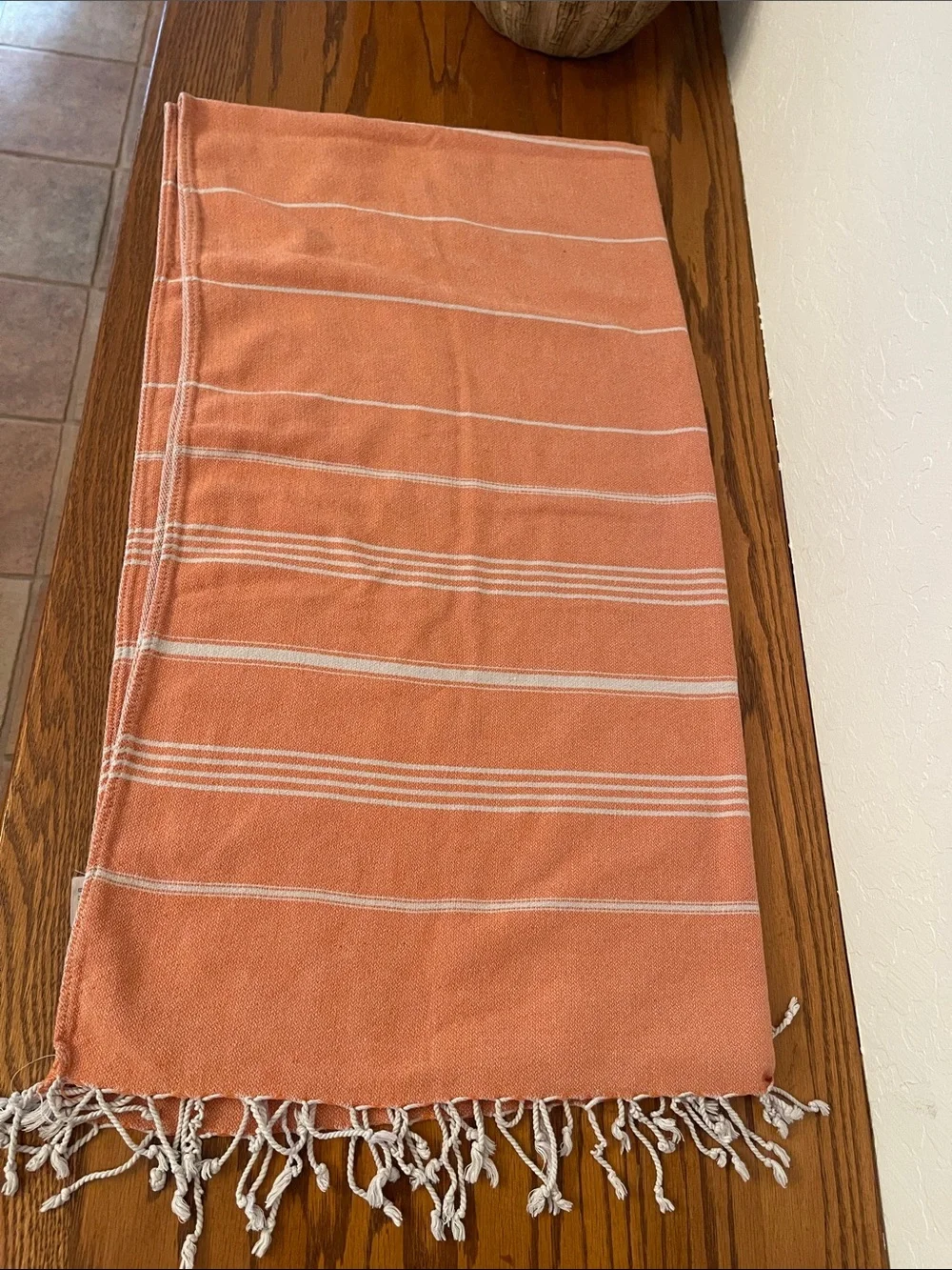 Bay Laurel peach Stripe Turkish Cotton Bath Towel with Fringe